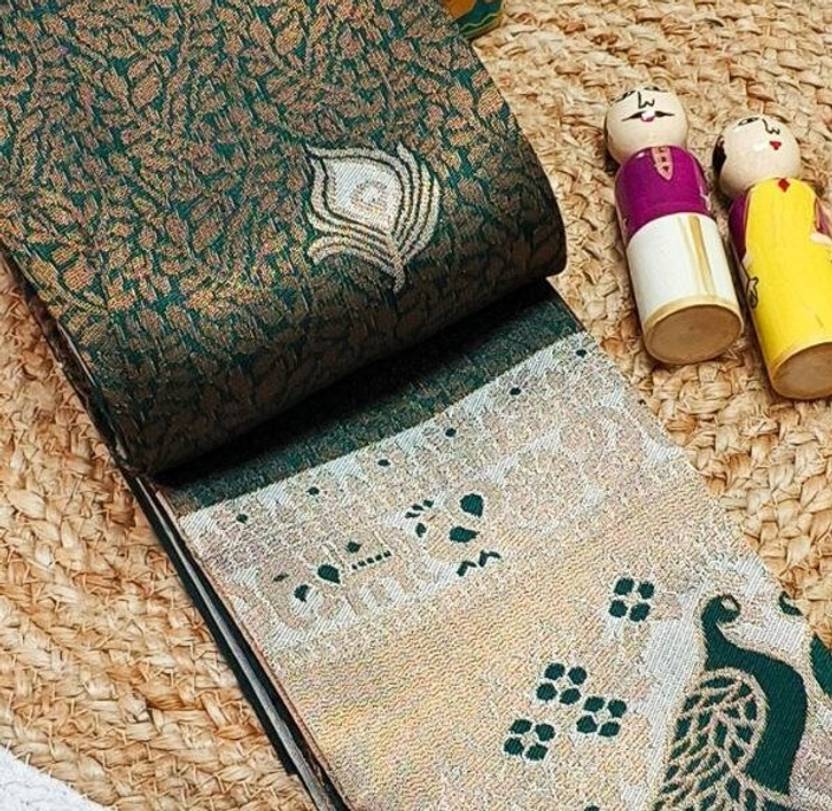 Bottle Green & Ivory Peacock Zari Soft Silk Saree - view 2 of 4