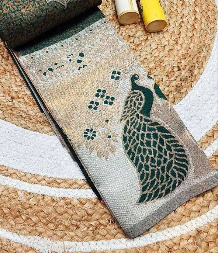 Bottle Green & Ivory Peacock Zari Soft Silk Saree - view 4 of 4