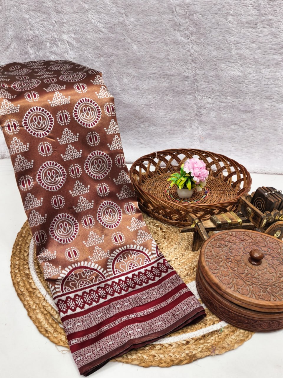 Coffee Brown Mandala Weave Silk Saree - Shivay Libas