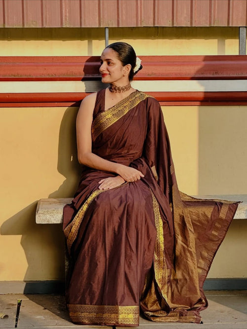 Coffee Brown Zari Border Silk Saree - Shivay Libas