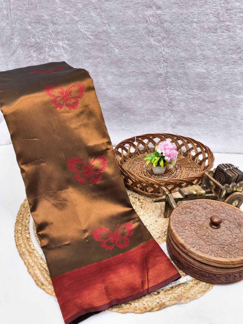Copper Brown & Red Butterfly Jacquard Silk Saree - Shivay Libas