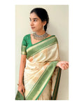 Cream & Green Border Silk Saree - Shivay Libas