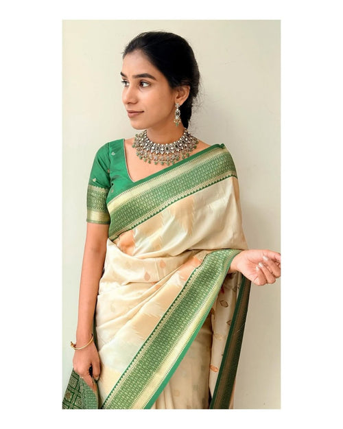 Cream & Green Border Silk Saree - Shivay Libas