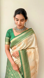 Cream & Green Border Silk Saree - view 2 of 4