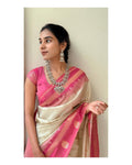 Cream & Pink Silk Saree - Shivay Libas