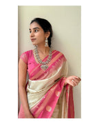 Cream & Pink Silk Saree - Shivay Libas