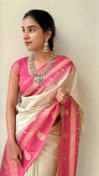 Cream & Pink Silk Saree - view 2 of 5