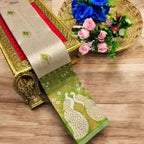 Cream & Pista Green Peacock Zari Soft Silk Saree - view 2 of 4