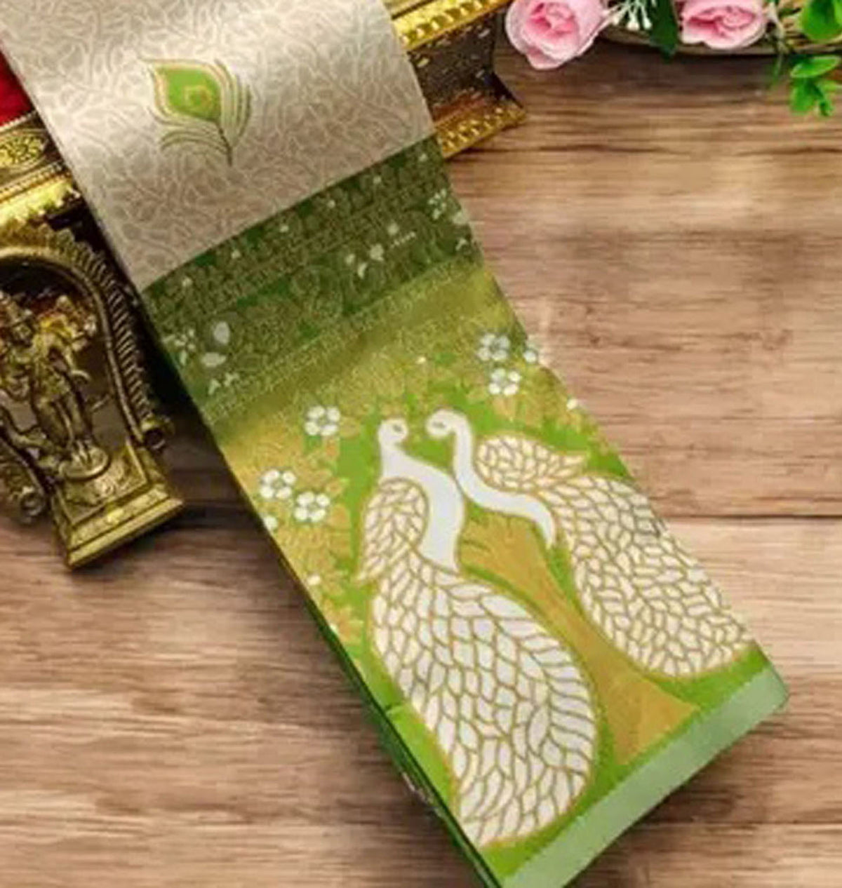 Cream & Pista Green Peacock Zari Soft Silk Saree - view 3 of 4