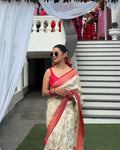 Cream & Red Floral Banarasi Silk Saree - Shivay Libas