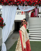 Cream & Red Floral Banarasi Silk Saree - view 3 of 8