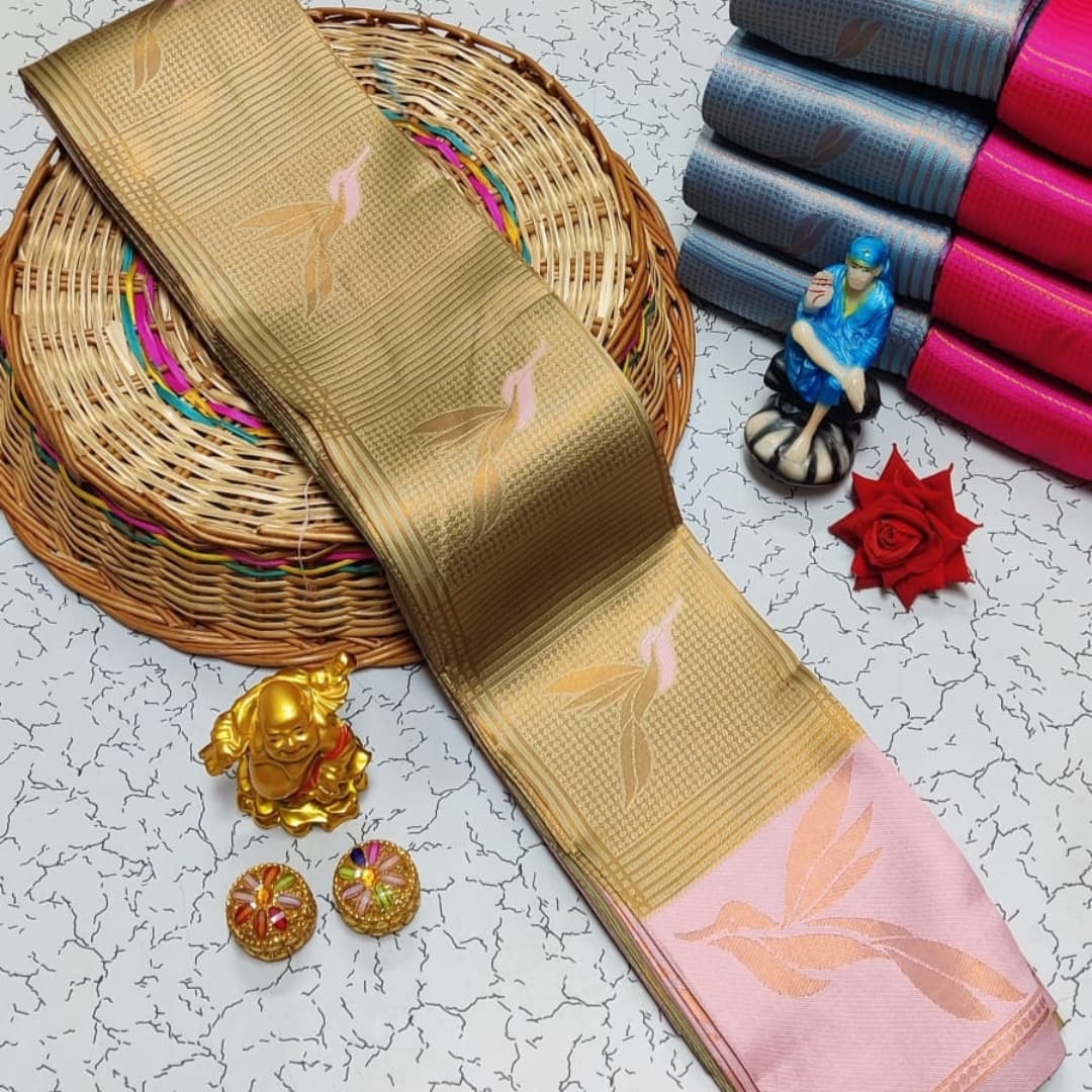 Gold & Baby Pink Leaf Motif Soft Silk Saree - Shivay Libas