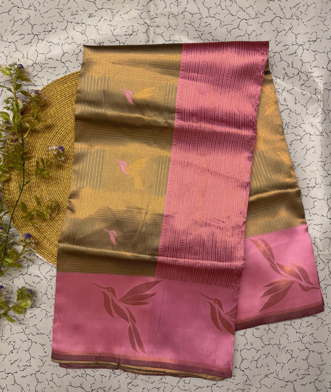 Gold & Baby Pink Leaf Motif Soft Silk Saree - view 3 of 6