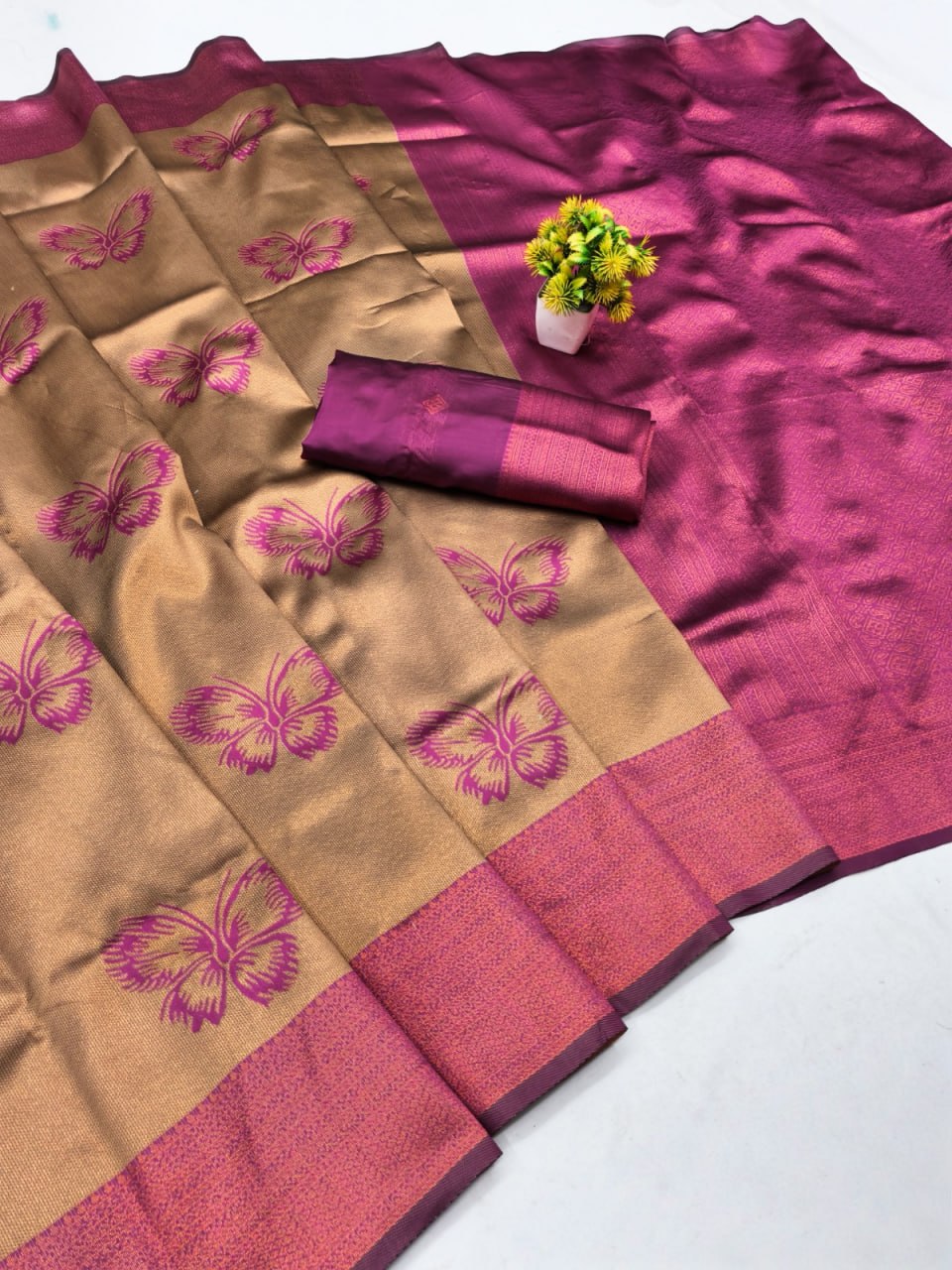Gold & Rose Butterfly Jacquard Silk Saree - view 2 of 2