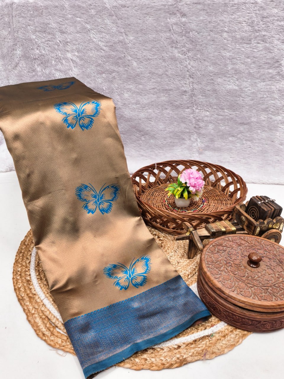 Golden Beige & Blue Butterfly Jacquard Silk Saree - Shivay Libas