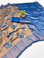 Golden Beige & Blue Butterfly Jacquard Silk Saree - view 2 of 2