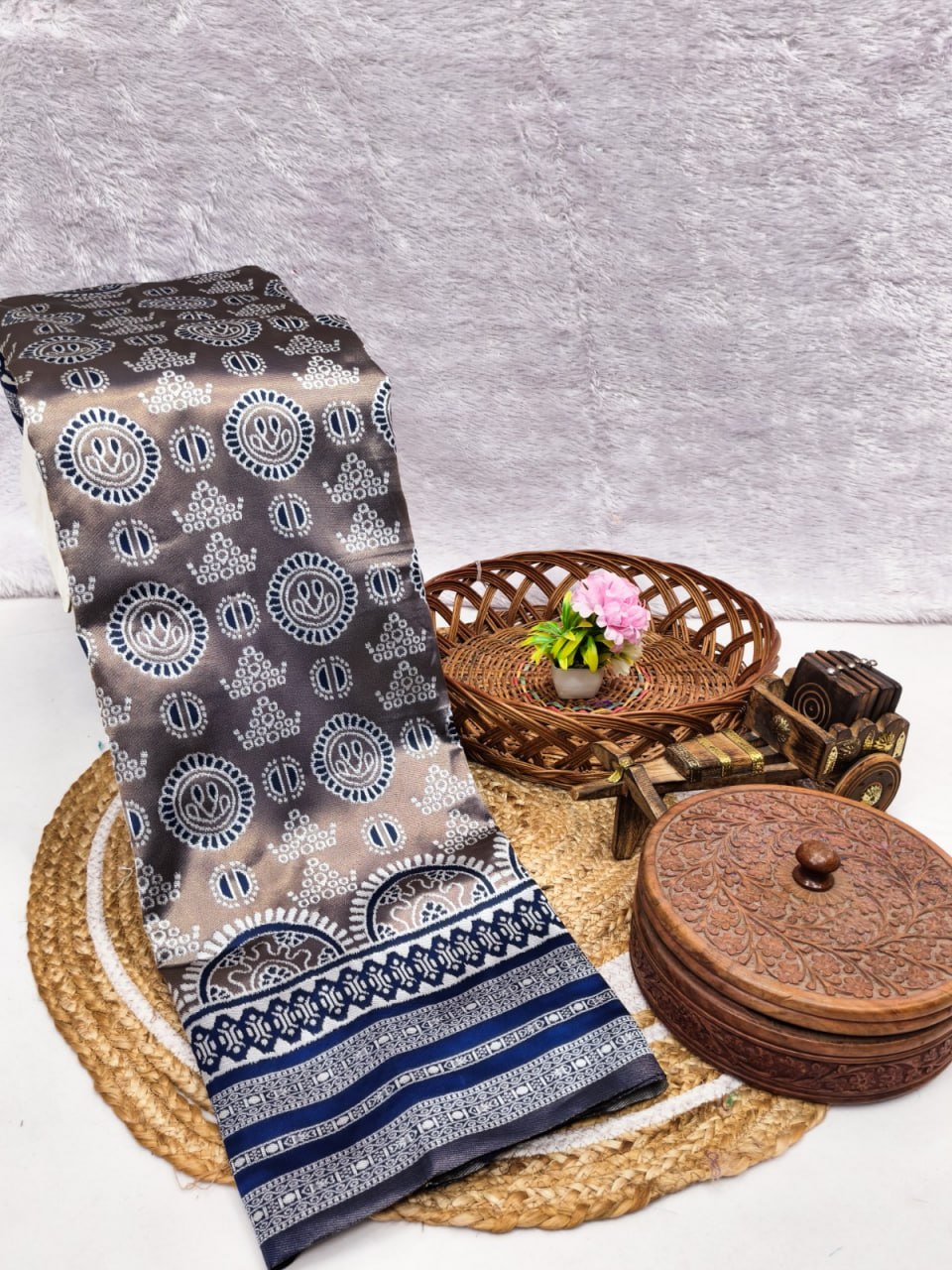 Grey & Navy Mandala Weave Silk Saree - Shivay Libas