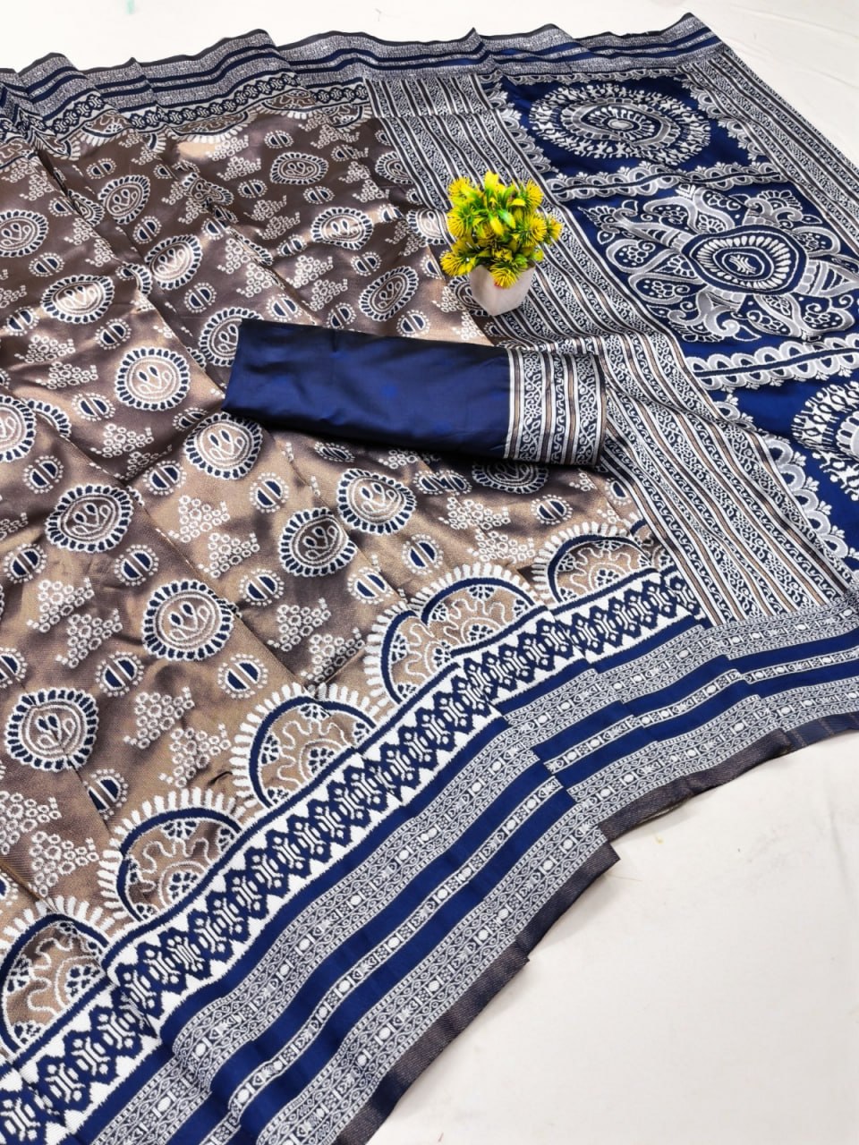 Grey & Navy Mandala Weave Silk Saree - view 2 of 2