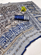 Grey & Navy Temple Weave Silk Saree - view 2 of 2
