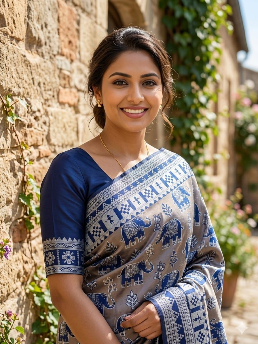 Grey & Royal Blue Elephant Weave Silk Saree - Shivay Libas