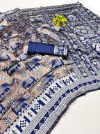 Grey & Royal Blue Elephant Weave Silk Saree - view 3 of 3