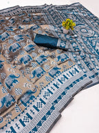 Grey & Teal Elephant Weave Silk Saree - view 3 of 3
