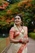 Ivory & Red Border Silk Saree - Shivay Libas