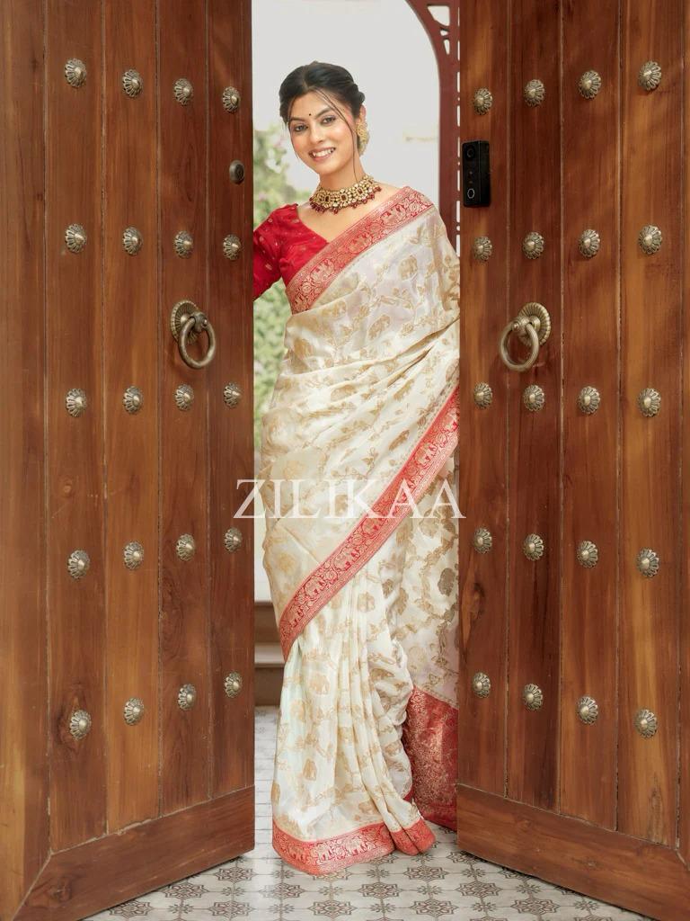 Ivory & Red Elephant Banarasi Silk Saree - Shivay Libas