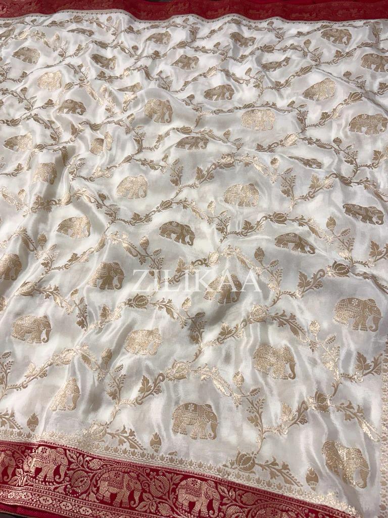 Ivory & Red Elephant Banarasi Silk Saree - view 10 of 16