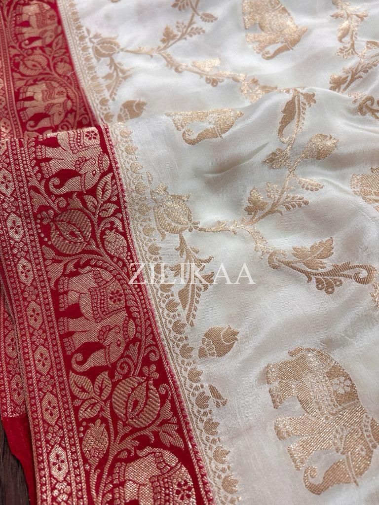Ivory & Red Elephant Banarasi Silk Saree - view 11 of 16