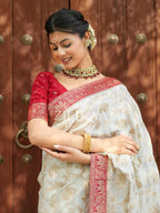 Ivory & Red Elephant Banarasi Silk Saree - view 12 of 16