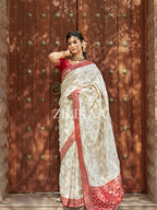 Ivory & Red Elephant Banarasi Silk Saree - view 13 of 16