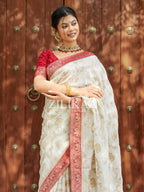 Ivory & Red Elephant Banarasi Silk Saree - view 14 of 16