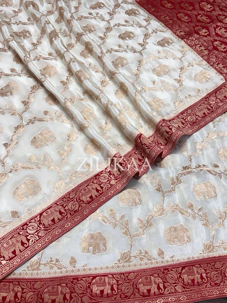 Ivory & Red Elephant Banarasi Silk Saree - view 15 of 16