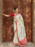 Ivory & Red Elephant Banarasi Silk Saree - view 2 of 16