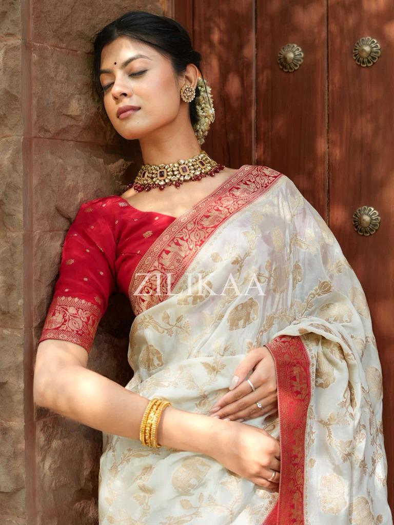 Ivory & Red Elephant Banarasi Silk Saree - view 3 of 16