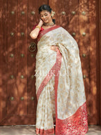 Ivory & Red Elephant Banarasi Silk Saree - view 5 of 16