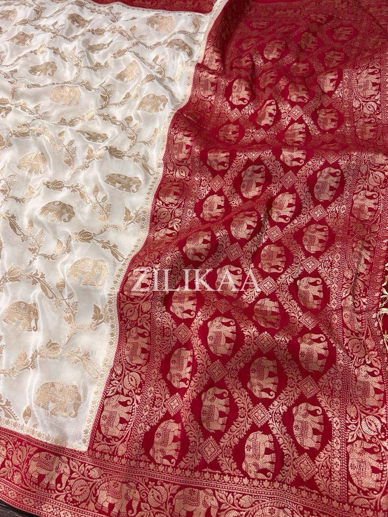 Ivory & Red Elephant Banarasi Silk Saree - view 7 of 16