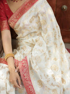Ivory & Red Elephant Banarasi Silk Saree - view 8 of 16