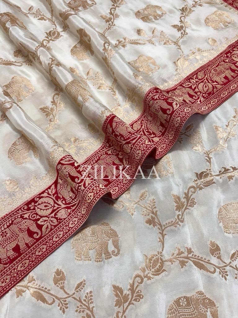 Ivory & Red Elephant Banarasi Silk Saree - view 9 of 16