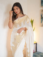 Ivory White Zari Buti Silk Saree - Shivay Libas