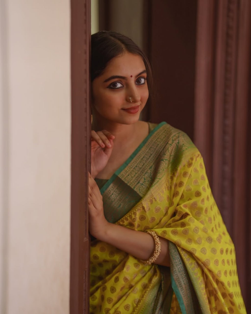 Lemon Yellow Banarasi Silk Saree with Brown Border - Shivay Libas