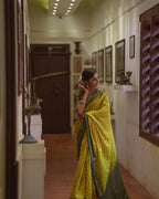 Lemon Yellow Banarasi Silk Saree with Brown Border - view 10 of 14