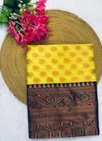 Lemon Yellow Banarasi Silk Saree with Brown Border - view 11 of 14