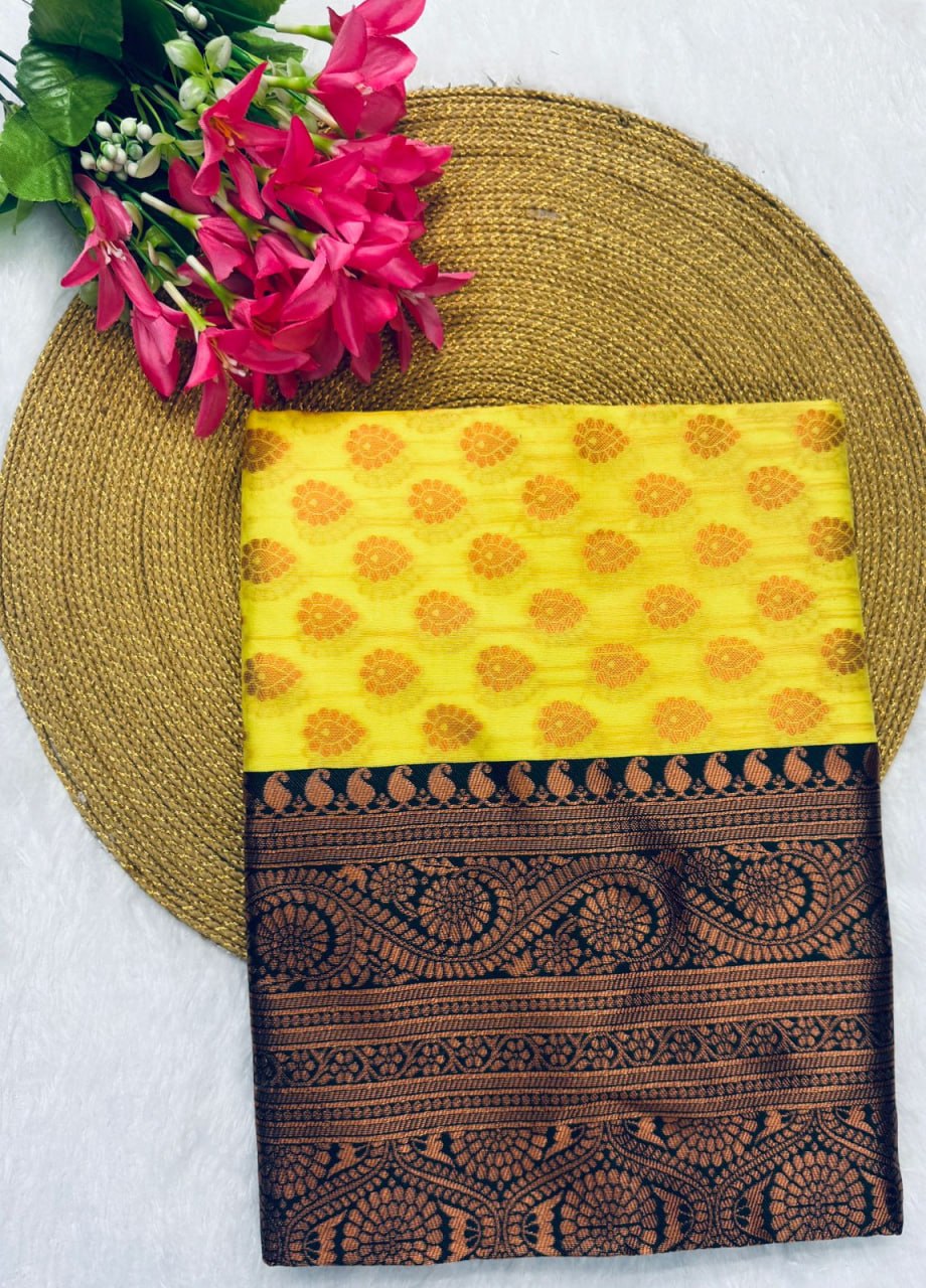 Lemon Yellow Banarasi Silk Saree with Brown Border - view 11 of 14