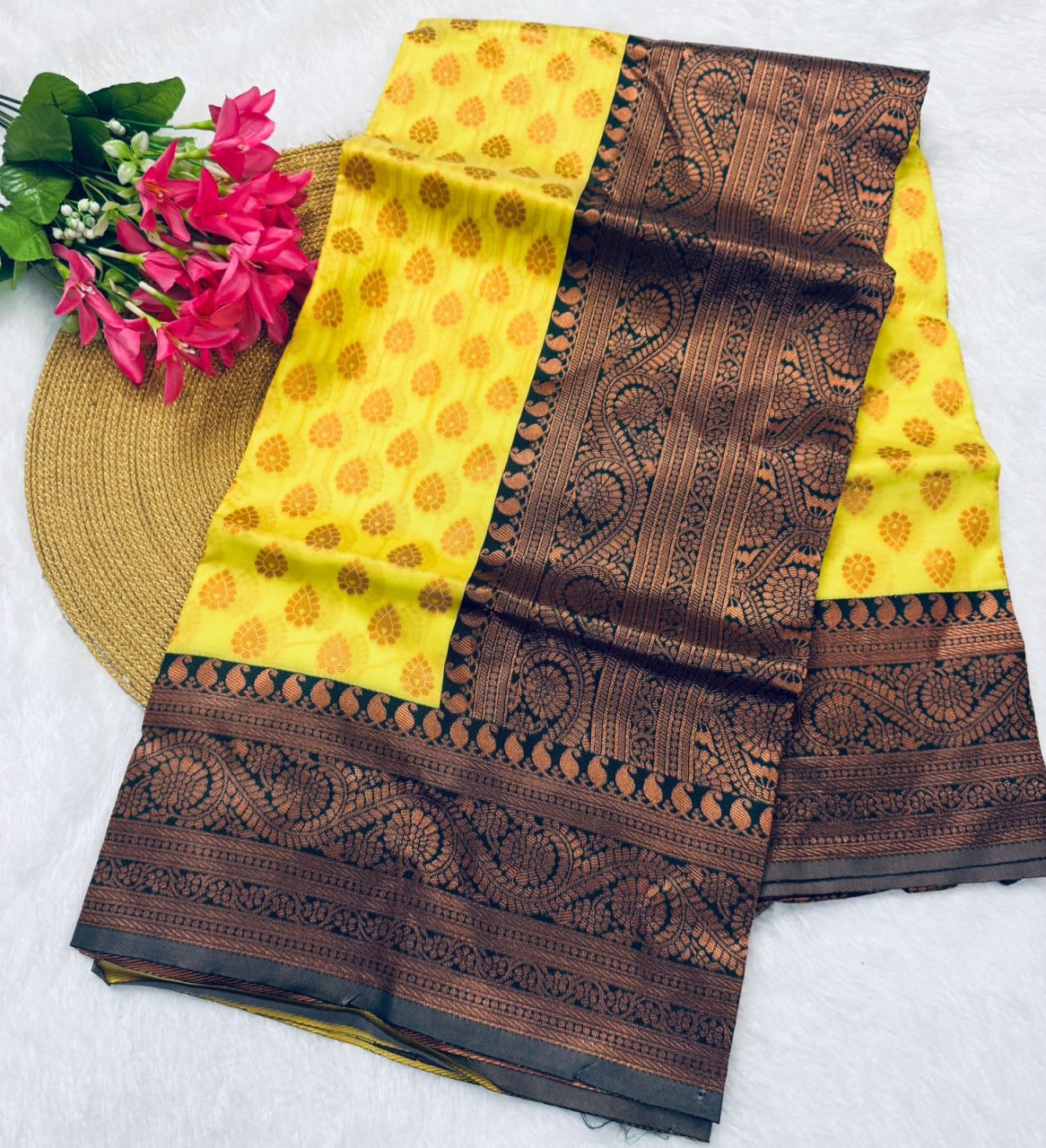 Lemon Yellow Banarasi Silk Saree with Brown Border - view 12 of 14