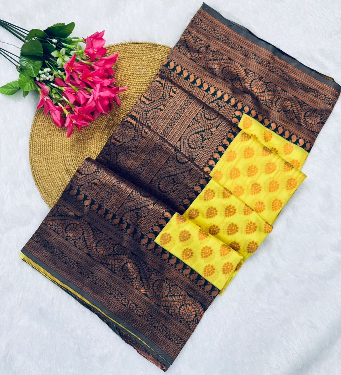 Lemon Yellow Banarasi Silk Saree with Brown Border - view 13 of 14