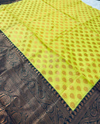 Lemon Yellow Banarasi Silk Saree with Brown Border - view 14 of 14