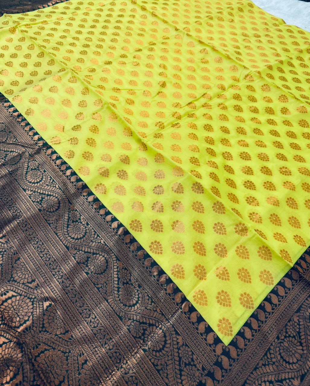 Lemon Yellow Banarasi Silk Saree with Brown Border - view 14 of 14