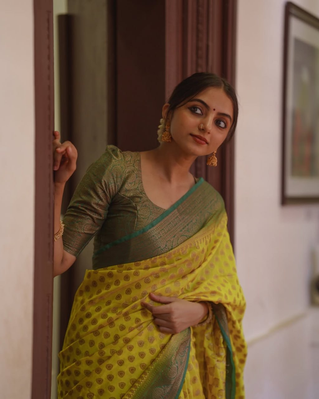 Lemon Yellow Banarasi Silk Saree with Brown Border - view 2 of 14